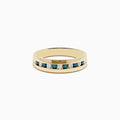 The Mens 14K Yellow Gold White and Blue Diamond Ring features alternating round white and blue diamonds set in a single row across the center.