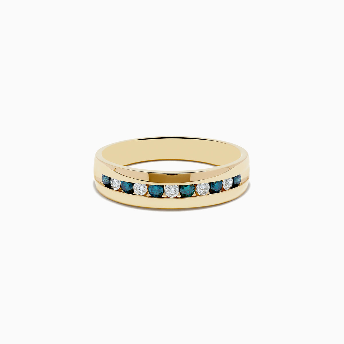 The Mens 14K Yellow Gold White and Blue Diamond Ring features alternating round white and blue diamonds set in a single row across the center.