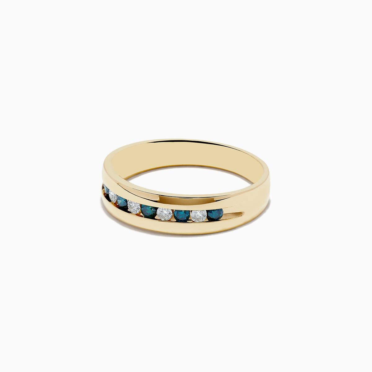 The Mens 14K Yellow Gold White and Blue Diamond Ring features alternating round white and blue diamonds set in a single row across the center.
