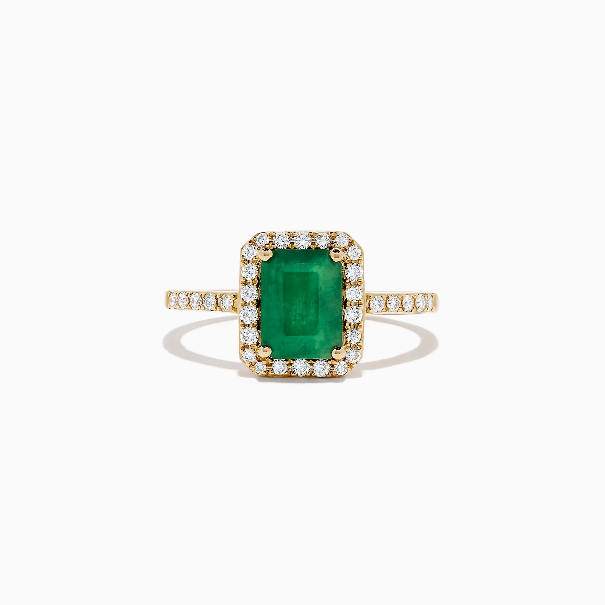 The Brasilica 14K Yellow Gold Emerald and Diamond Ring, 1.69 TCW, showcases a rectangular green emerald center surrounded by a halo of round diamonds with additional diamonds set along the band.
