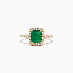 The Brasilica 14K Yellow Gold Emerald and Diamond Ring, 1.69 TCW, showcases a rectangular green emerald center surrounded by a halo of round diamonds with additional diamonds set along the band.