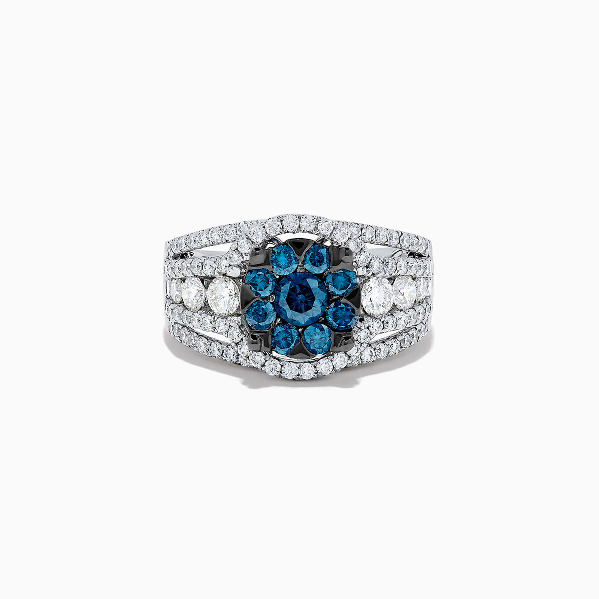 The Bella Bleu 14K White Gold Blue and White Diamond Ring, 2.16 TCW, features a striking cluster of round blue gemstones at the center with sparkling diamonds along its split shank band, shown on a white background.