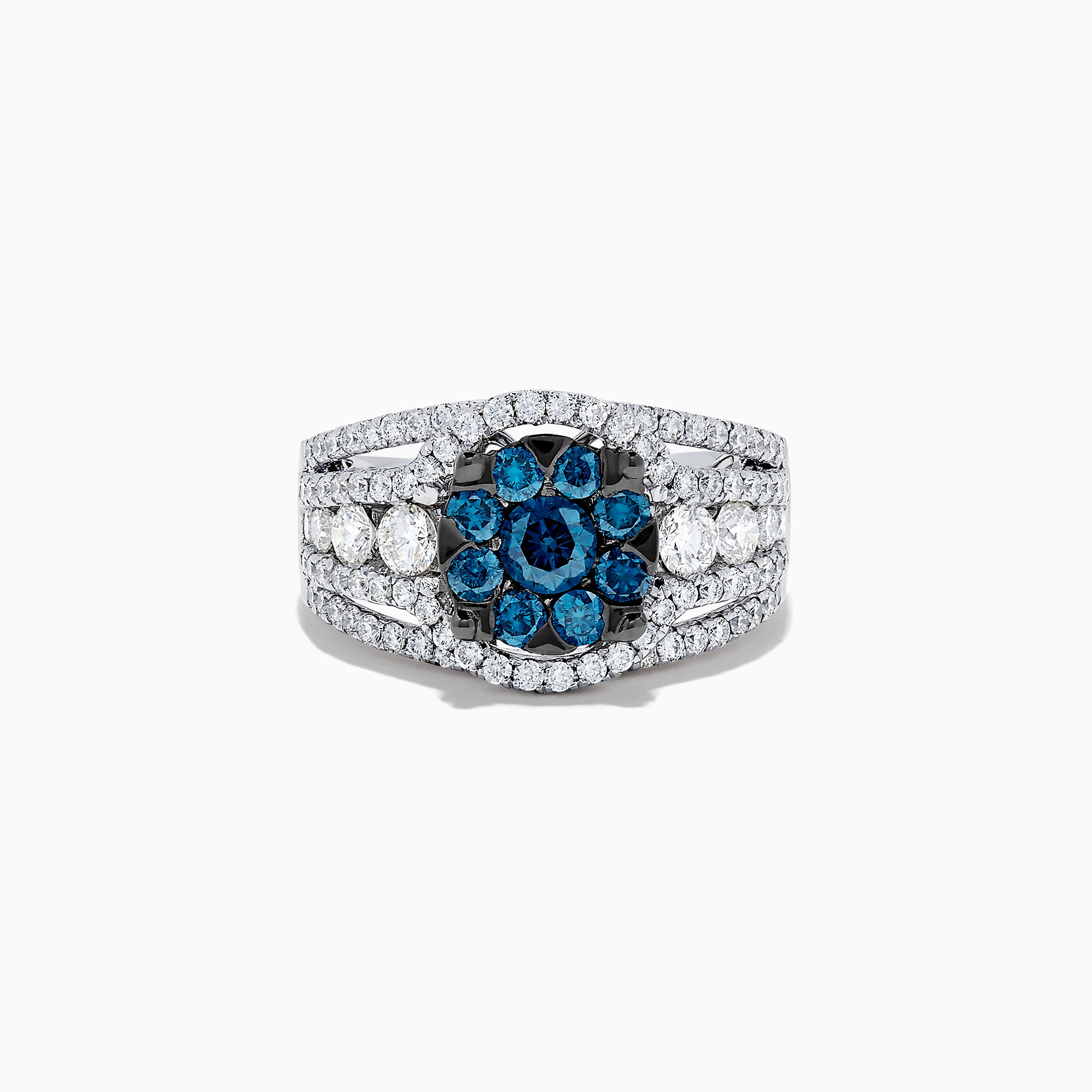 The Bella Bleu 14K White Gold Blue and White Diamond Ring, 2.16 TCW, features a striking cluster of round blue gemstones at the center with sparkling diamonds along its split shank band, shown on a white background.