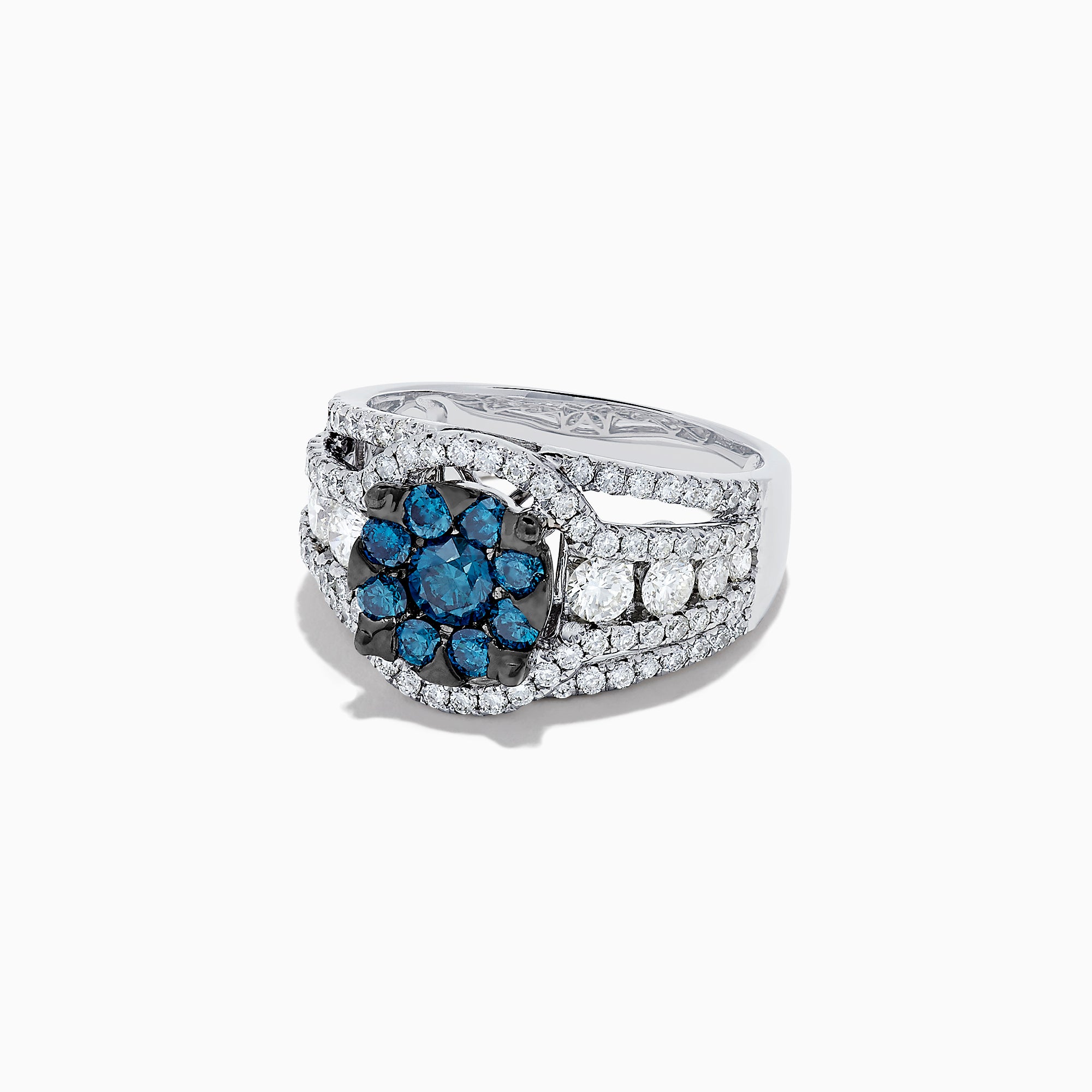 The Bella Bleu 14K White Gold Blue and White Diamond Ring, 2.16 TCW, features a striking cluster of round blue gemstones at the center with sparkling diamonds along its split shank band, shown on a white background.