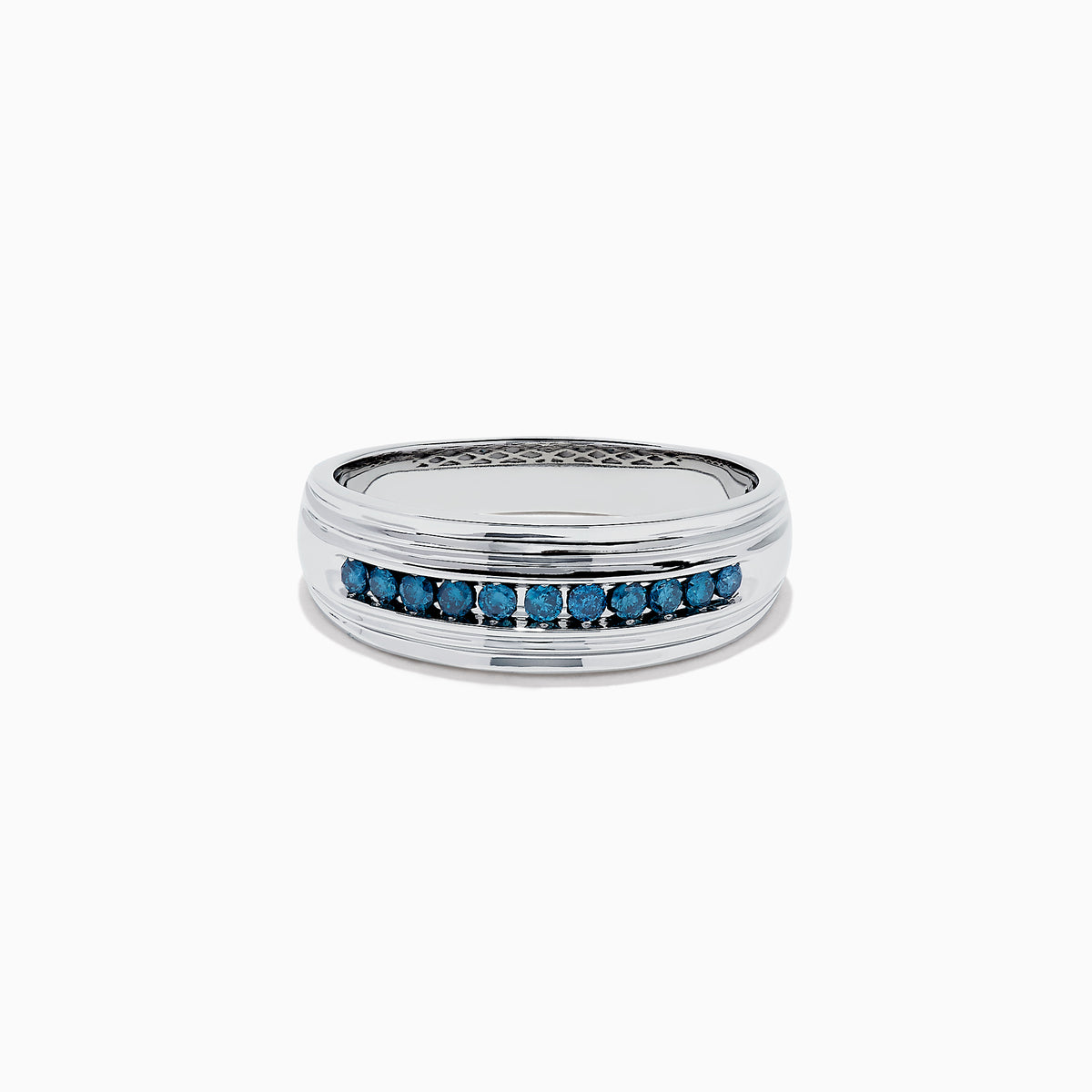 Men’s 14K White Gold Blue Diamond Ring, 0.24 TCW, featuring a row of small blue diamonds set in the center, is displayed on a plain white background.