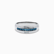 Men’s 14K White Gold Blue Diamond Ring, 0.24 TCW, featuring a row of small blue diamonds set in the center, is displayed on a plain white background.