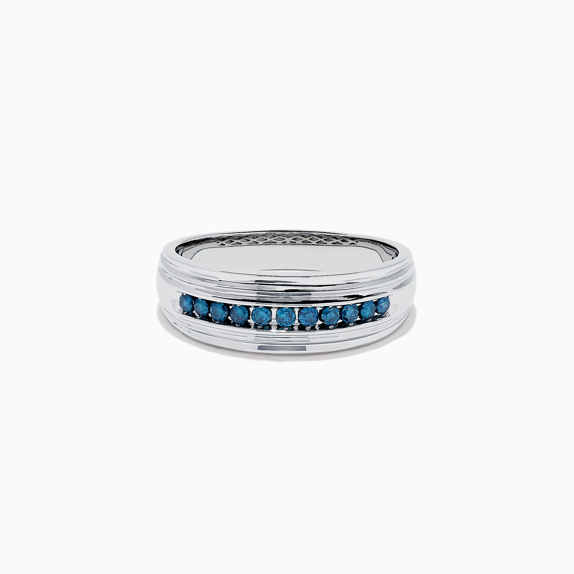 Men’s 14K White Gold Blue Diamond Ring, 0.24 TCW, featuring a row of small blue diamonds set in the center, is displayed on a plain white background.