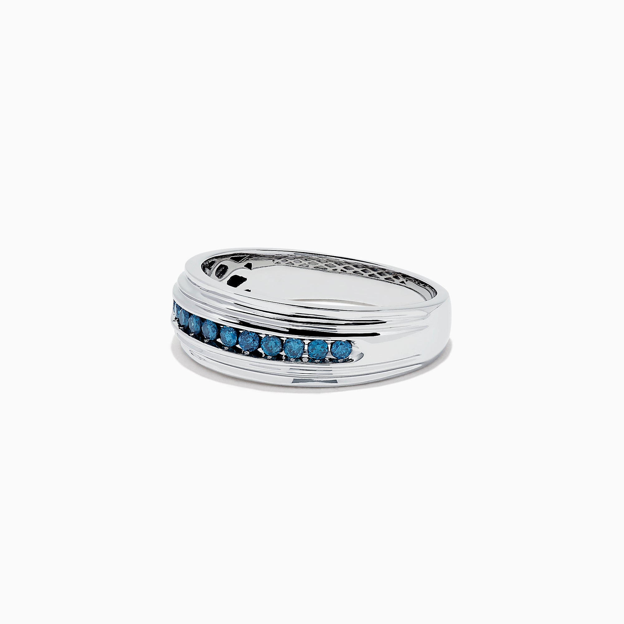 Men’s 14K White Gold Blue Diamond Ring, 0.24 TCW, featuring a row of small blue diamonds set in the center, is displayed on a plain white background.