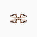 The 14K Rose Gold Espresso and White Diamond Fashion Ring features two parallel horizontal bars linked by vertical bands, accented with glittering espresso and white diamonds in a wide, open-style design.