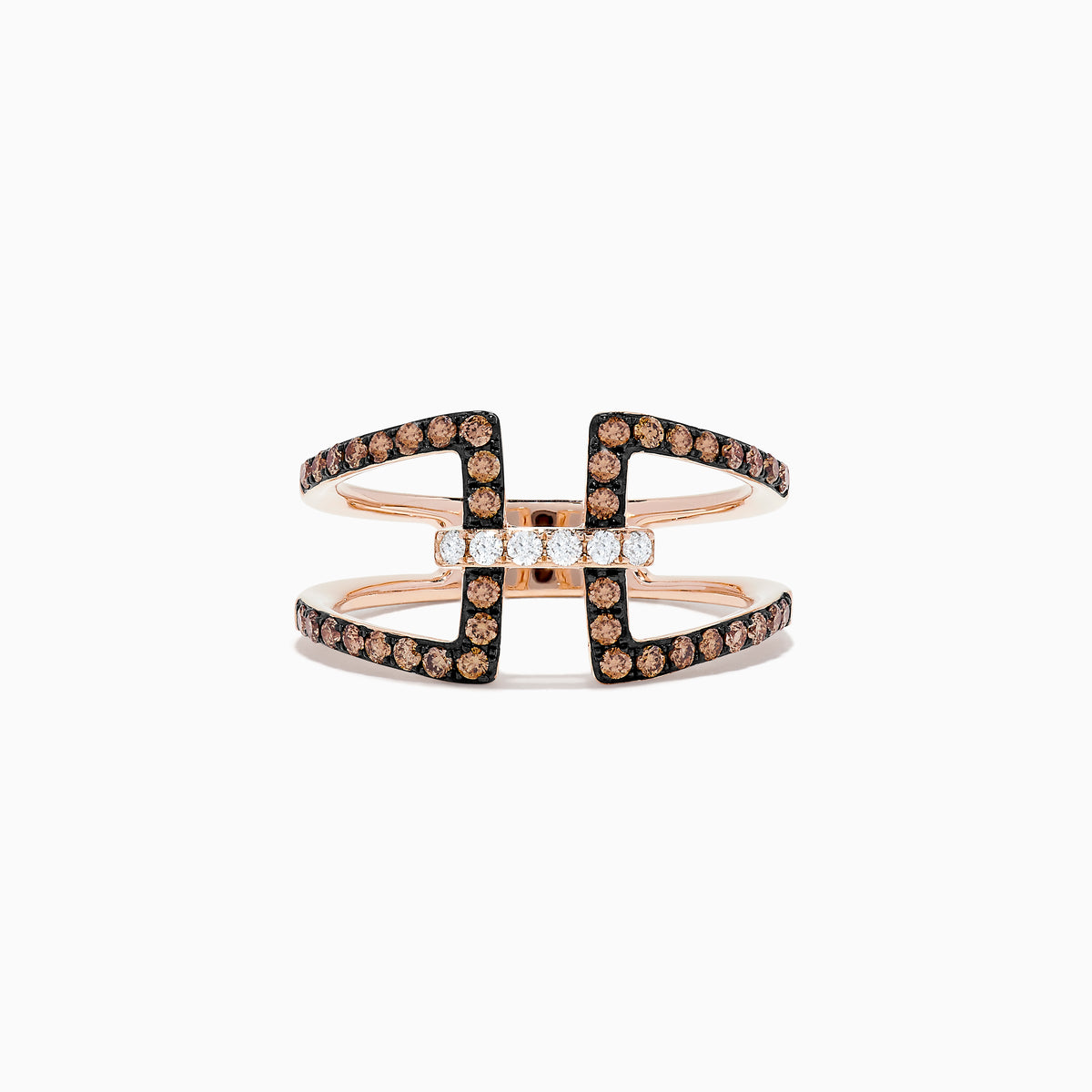 The 14K Rose Gold Espresso and White Diamond Fashion Ring features two parallel horizontal bars linked by vertical bands, accented with glittering espresso and white diamonds in a wide, open-style design.