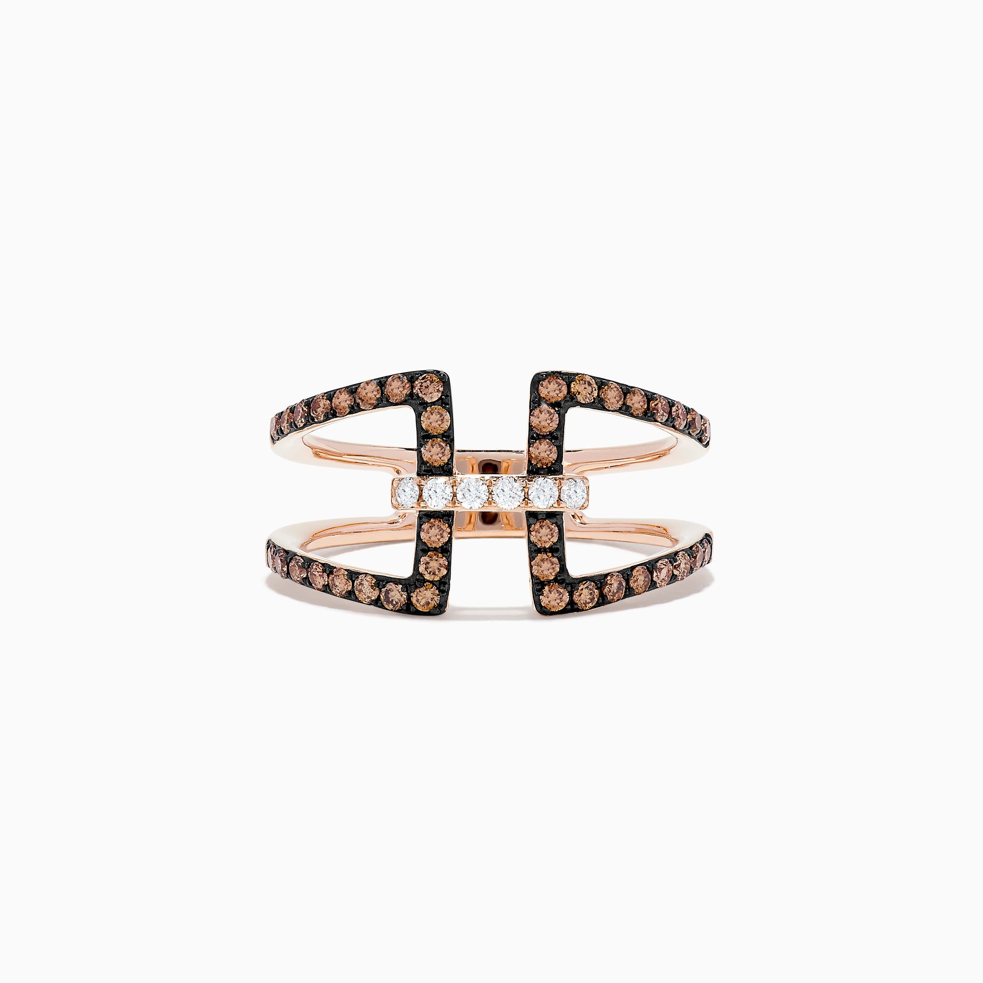 The 14K Rose Gold Espresso and White Diamond Fashion Ring features two parallel horizontal bars linked by vertical bands, accented with glittering espresso and white diamonds in a wide, open-style design.
