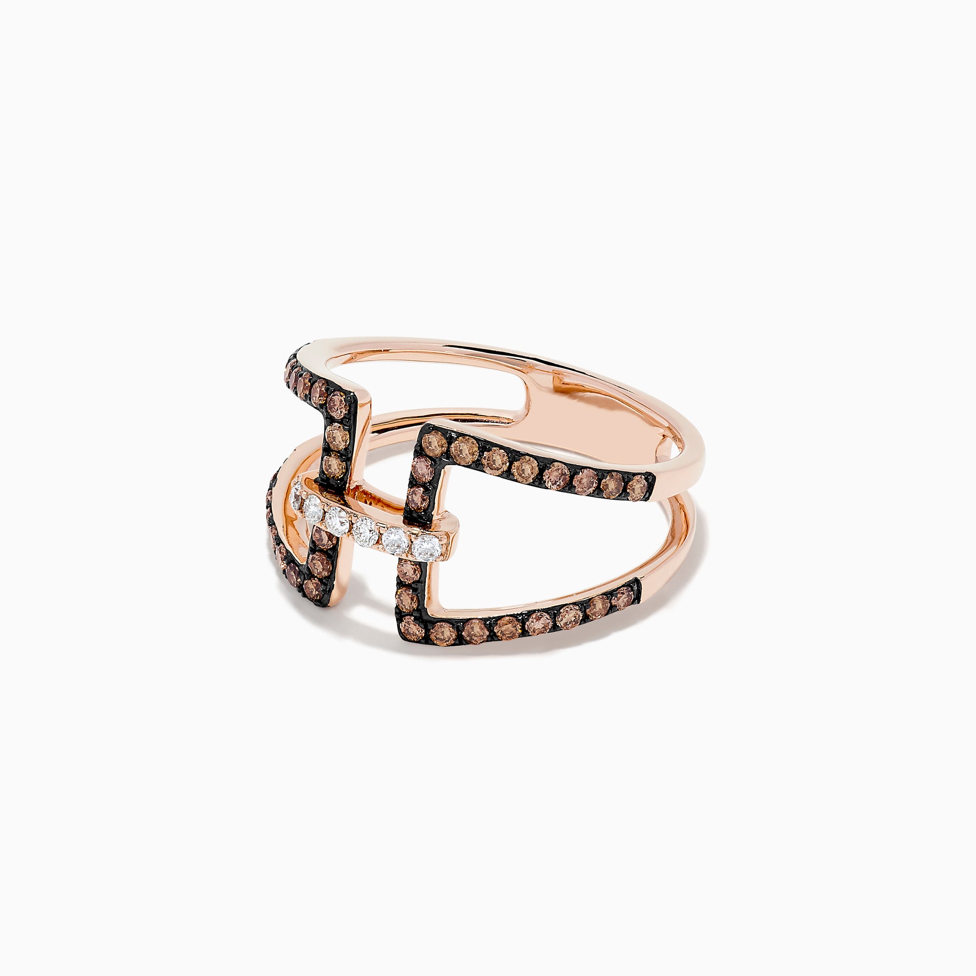 The 14K Rose Gold Espresso and White Diamond Fashion Ring features two parallel horizontal bars linked by vertical bands, accented with glittering espresso and white diamonds in a wide, open-style design.