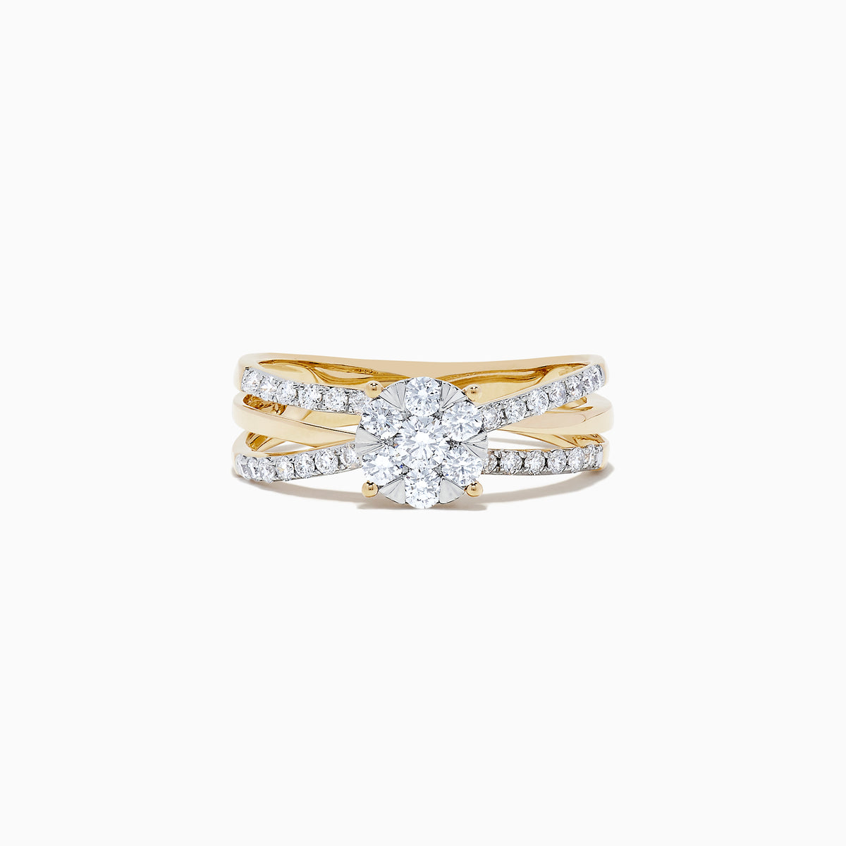 The Bouquet 14K Yellow Gold Diamond Cluster Ring, 0.39 TCW, features a large oval center diamond on a split shank band set with smaller round diamonds, shown against a plain white background.