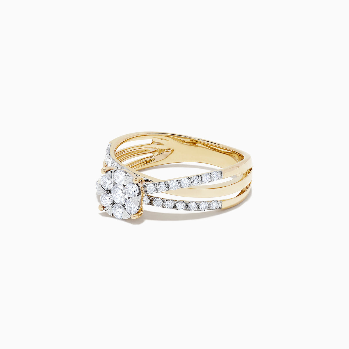 The Bouquet 14K Yellow Gold Diamond Cluster Ring, 0.39 TCW, features a large oval center diamond on a split shank band set with smaller round diamonds, shown against a plain white background.
