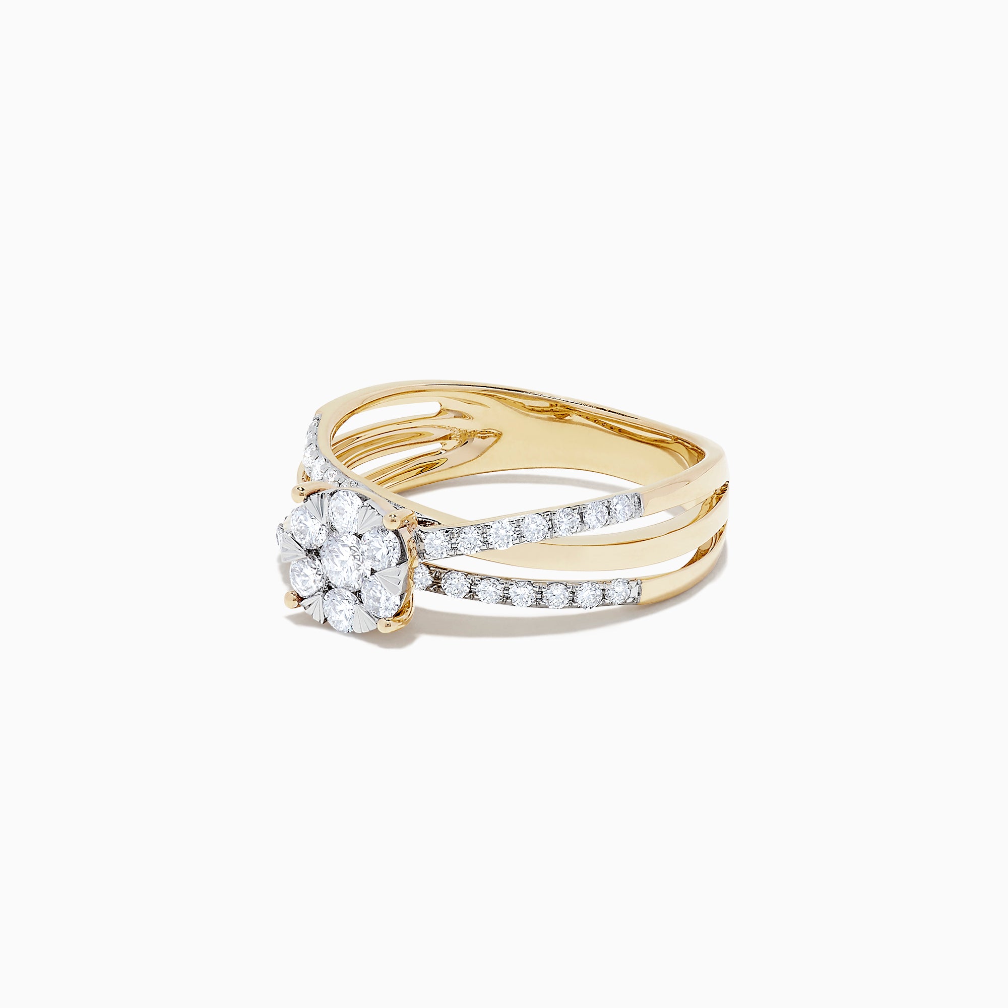 The Bouquet 14K Yellow Gold Diamond Cluster Ring, 0.39 TCW, features a large oval center diamond on a split shank band set with smaller round diamonds, shown against a plain white background.
