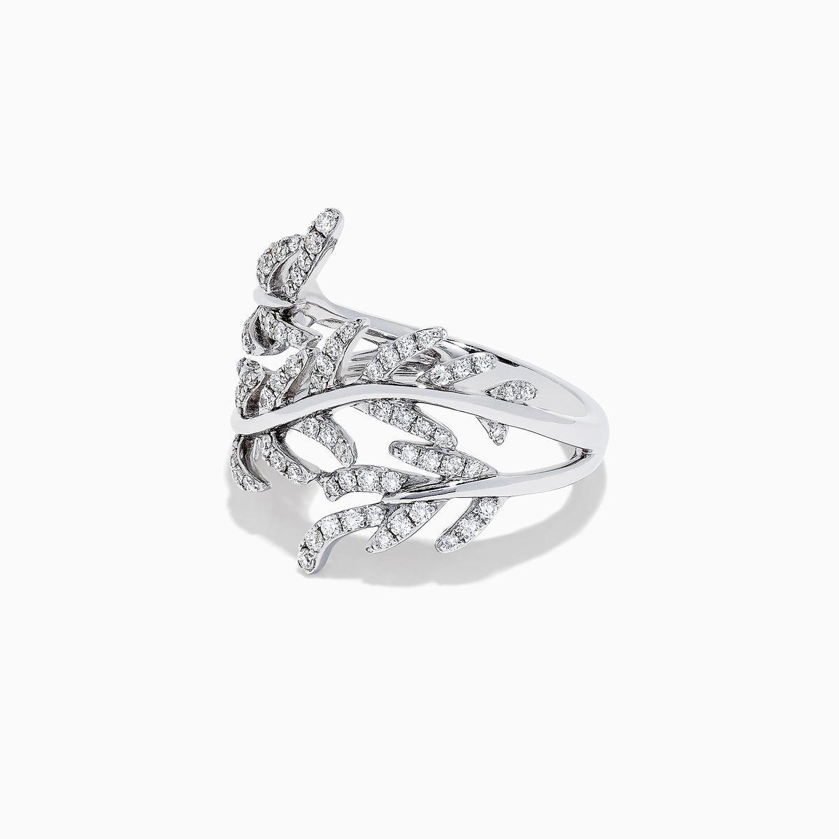 The Pave Classica 14K White Gold Diamond Wrapped Leaf Ring showcases overlapping leaf motifs set with 0.62 TCW diamonds, elegantly displayed against a plain white background.