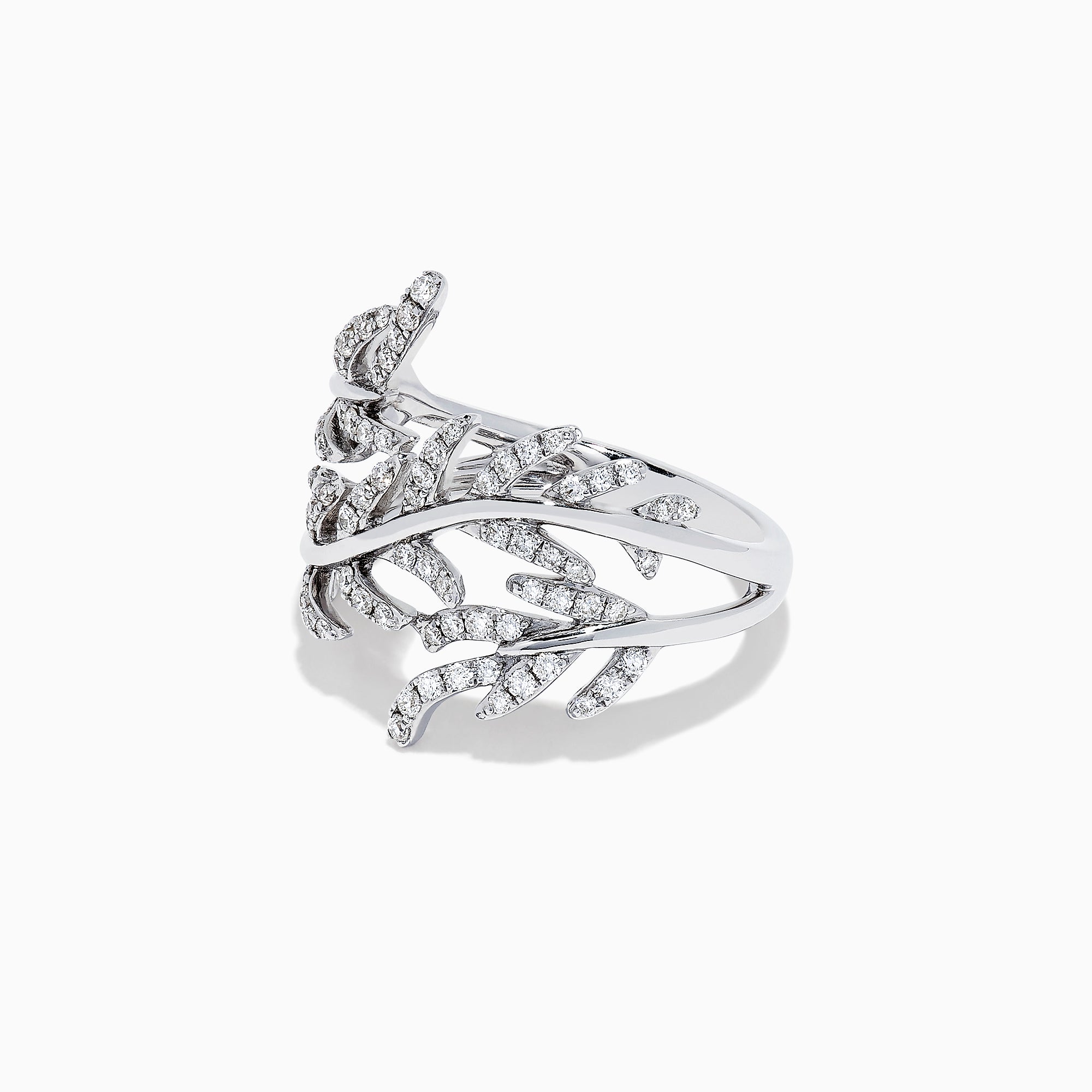 The Pave Classica 14K White Gold Diamond Wrapped Leaf Ring showcases overlapping leaf motifs set with 0.62 TCW diamonds, elegantly displayed against a plain white background.