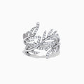 The Pave Classica 14K White Gold Diamond Wrapped Leaf Ring showcases overlapping leaf motifs set with 0.62 TCW diamonds, elegantly displayed against a plain white background.