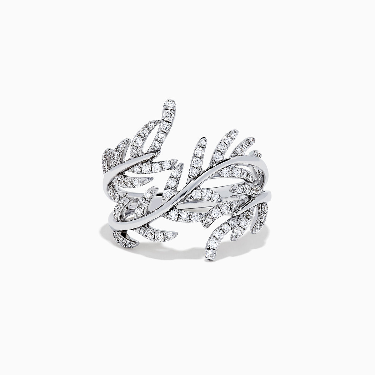 The Pave Classica 14K White Gold Diamond Wrapped Leaf Ring showcases overlapping leaf motifs set with 0.62 TCW diamonds, elegantly displayed against a plain white background.