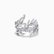 The Pave Classica 14K White Gold Diamond Wrapped Leaf Ring showcases overlapping leaf motifs set with 0.62 TCW diamonds, elegantly displayed against a plain white background.