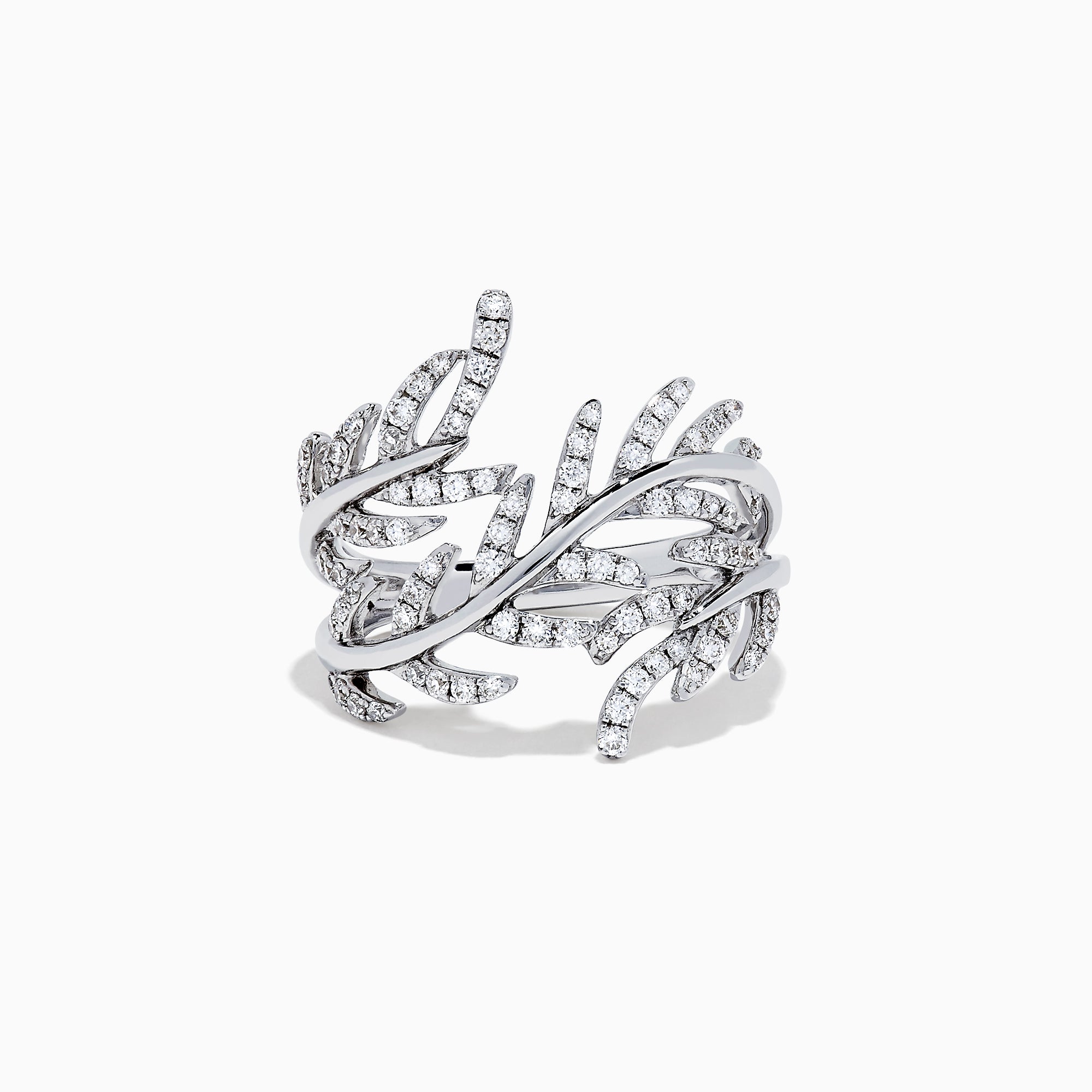 The Pave Classica 14K White Gold Diamond Wrapped Leaf Ring showcases overlapping leaf motifs set with 0.62 TCW diamonds, elegantly displayed against a plain white background.