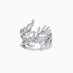 The Pave Classica 14K White Gold Diamond Wrapped Leaf Ring showcases overlapping leaf motifs set with 0.62 TCW diamonds, elegantly displayed against a plain white background.