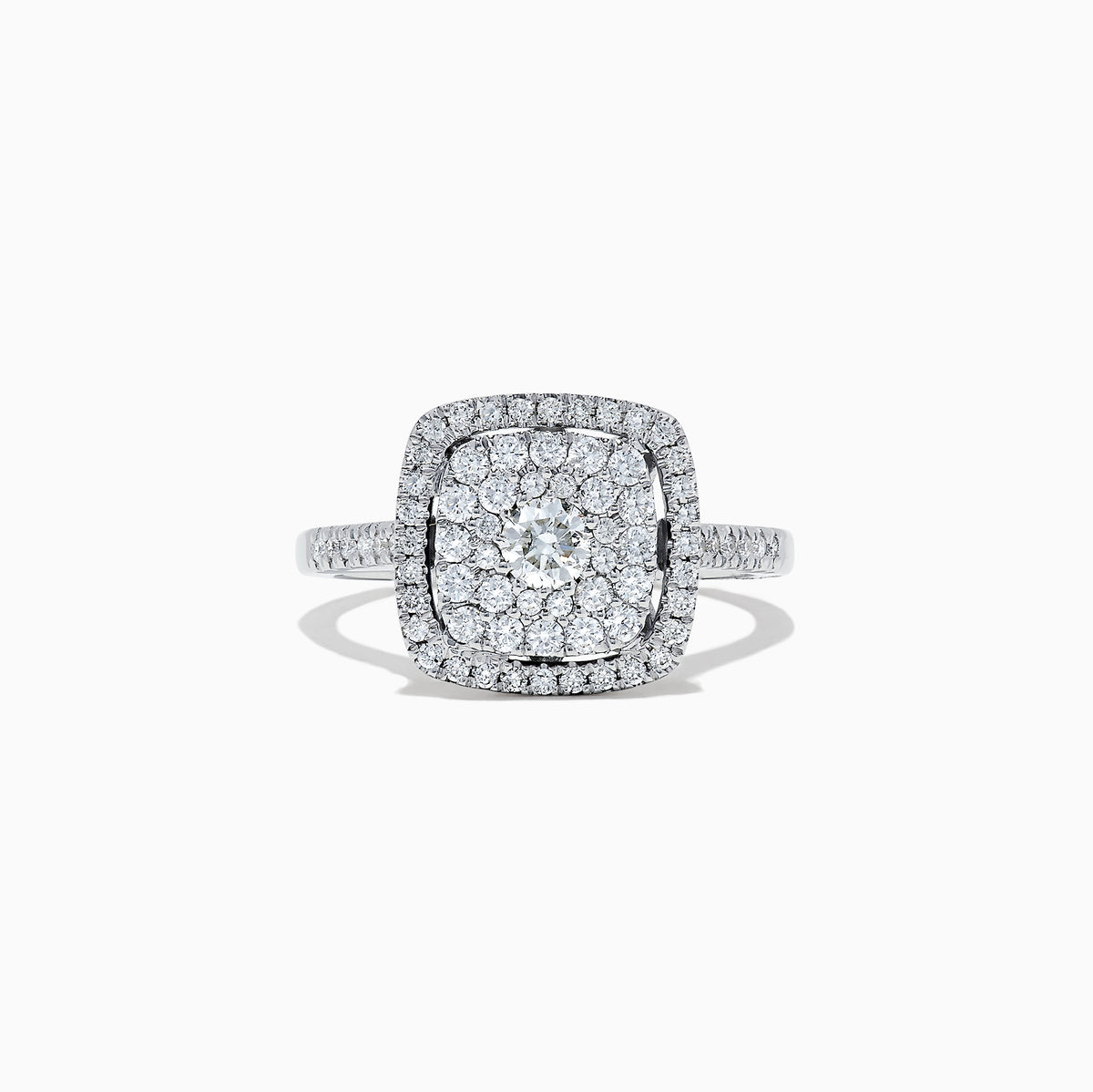 The Pave Classica 14K White Gold Diamond Ring, 0.83, showcases a cushion-shaped cluster of round diamonds with a double halo and diamond-encrusted band, displayed on a white background.
