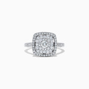 The Pave Classica 14K White Gold Diamond Ring, 0.83, showcases a cushion-shaped cluster of round diamonds with a double halo and diamond-encrusted band, displayed on a white background.