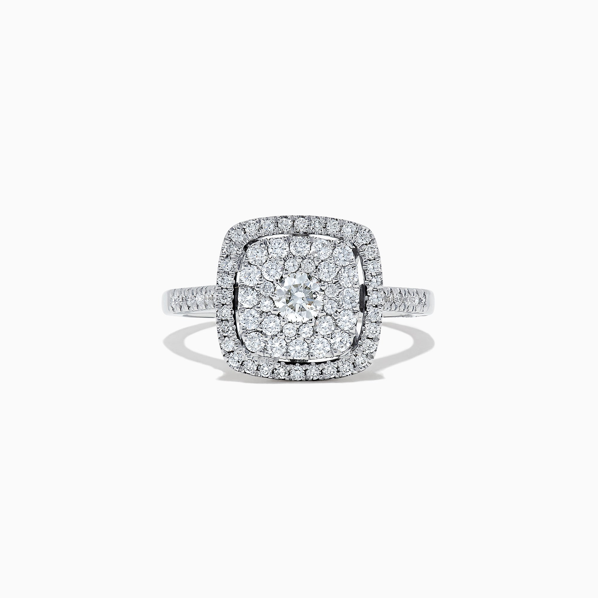 The Pave Classica 14K White Gold Diamond Ring, 0.83, showcases a cushion-shaped cluster of round diamonds with a double halo and diamond-encrusted band, displayed on a white background.