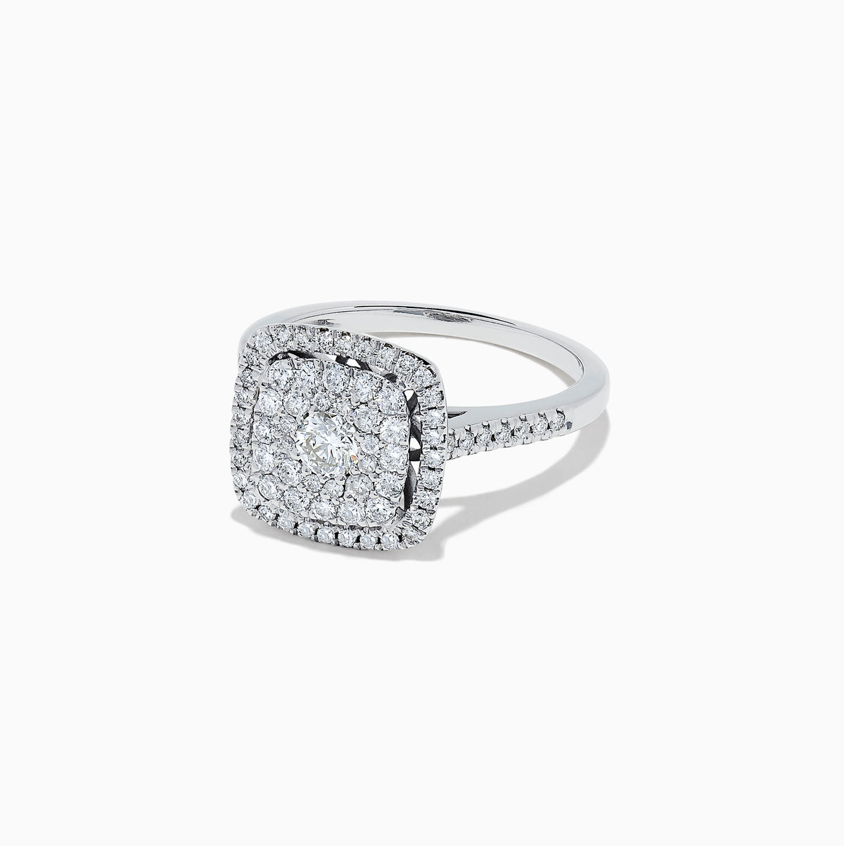 The Pave Classica 14K White Gold Diamond Ring, 0.83, showcases a cushion-shaped cluster of round diamonds with a double halo and diamond-encrusted band, displayed on a white background.