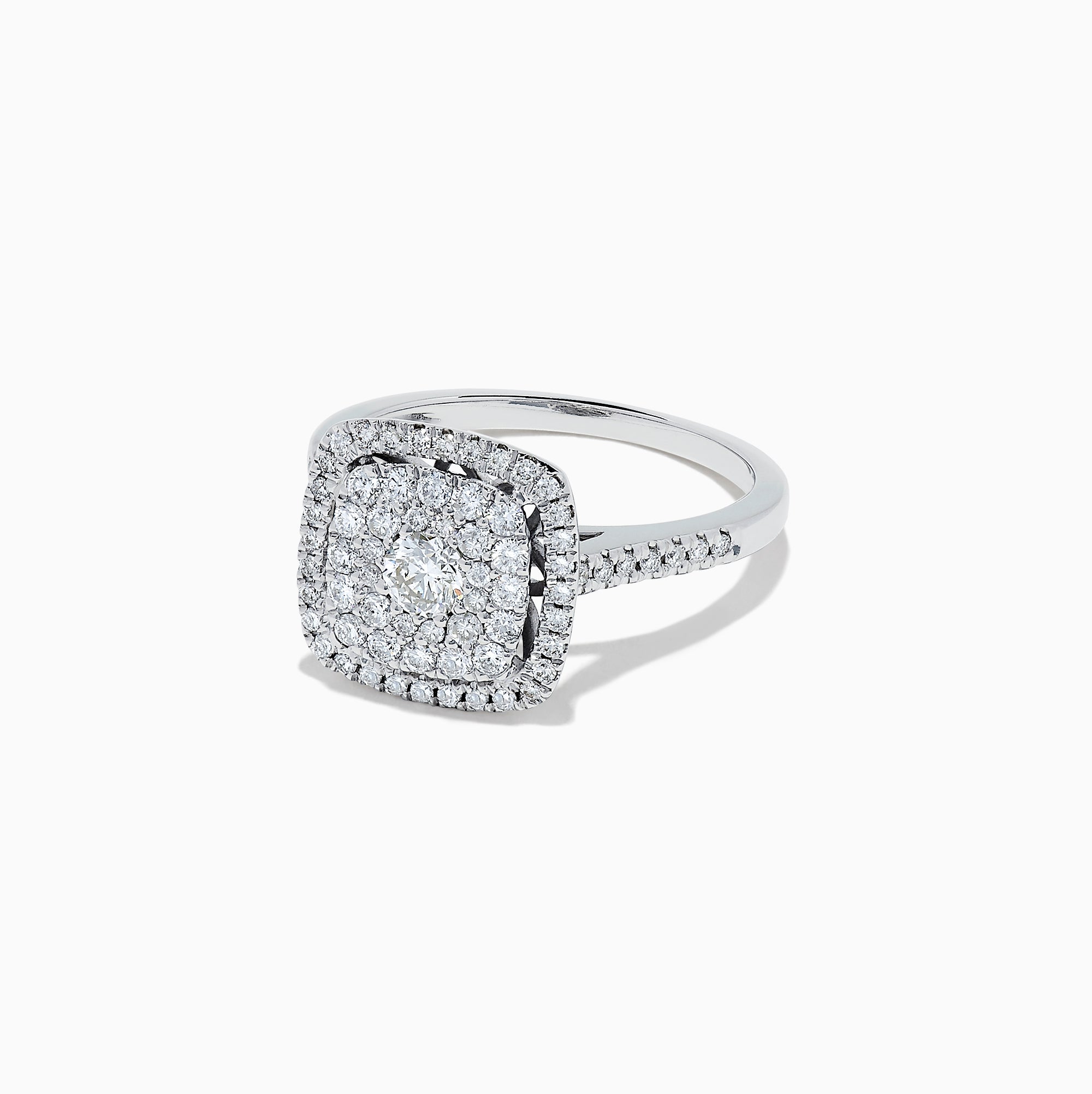 The Pave Classica 14K White Gold Diamond Ring, 0.83, showcases a cushion-shaped cluster of round diamonds with a double halo and diamond-encrusted band, displayed on a white background.