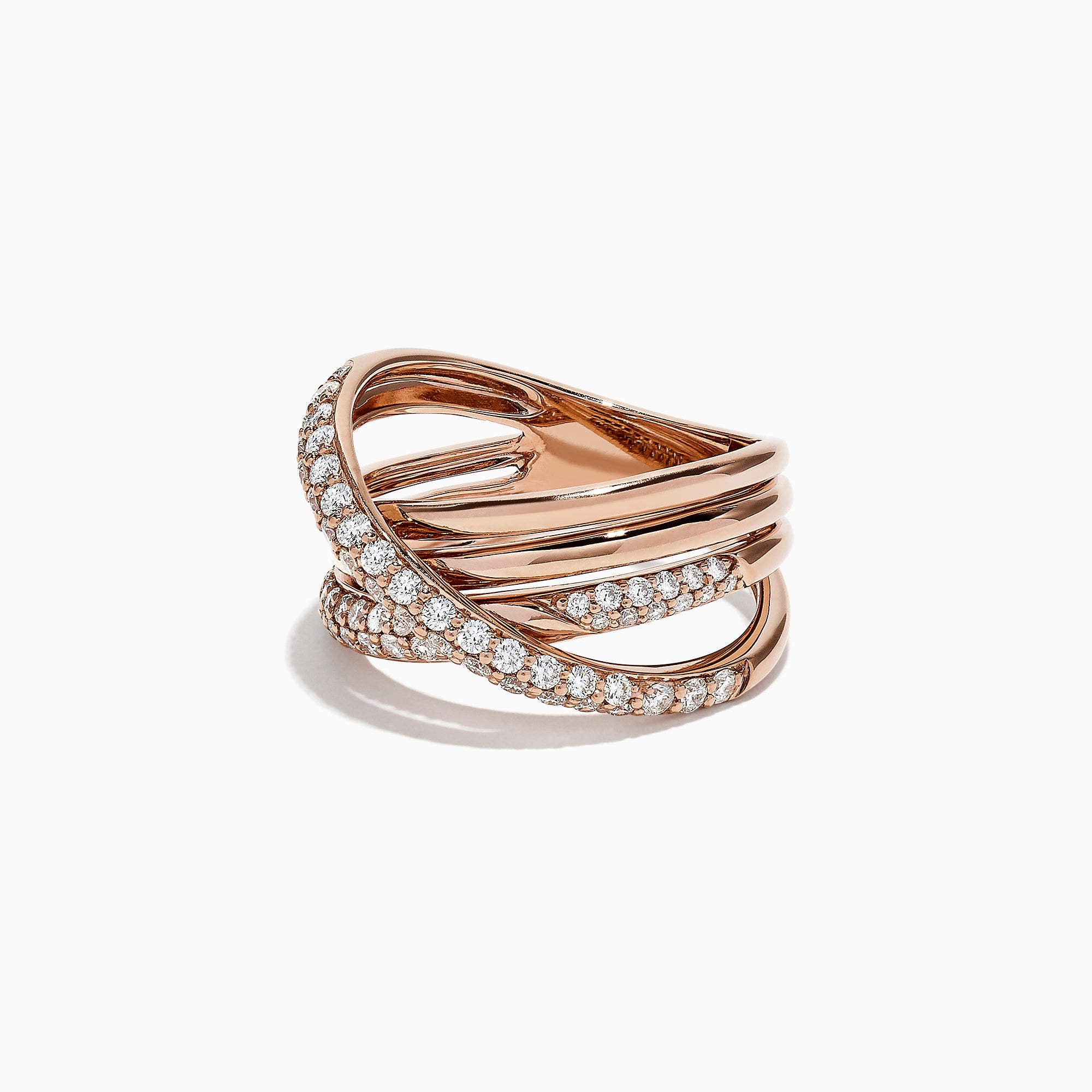The Pave Rose 14K Gold Diamond Cross Over Ring, 0.82 TCW, features an elegant overlapping band design in 14K rose gold, sparkling with pave-set diamonds for a sophisticated look against a plain white background.