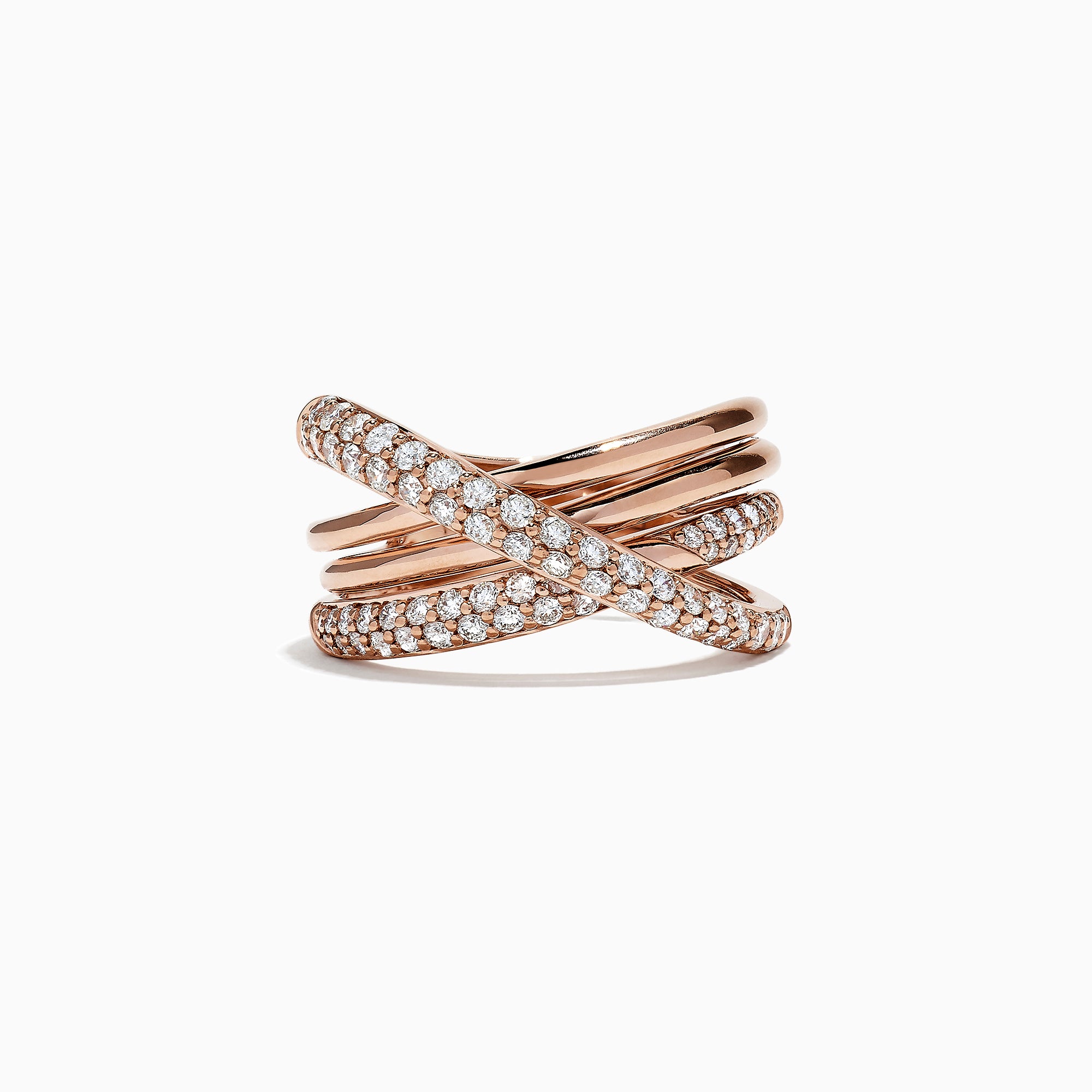 The Pave Rose 14K Gold Diamond Cross Over Ring, 0.82 TCW, features an elegant overlapping band design in 14K rose gold, sparkling with pave-set diamonds for a sophisticated look against a plain white background.