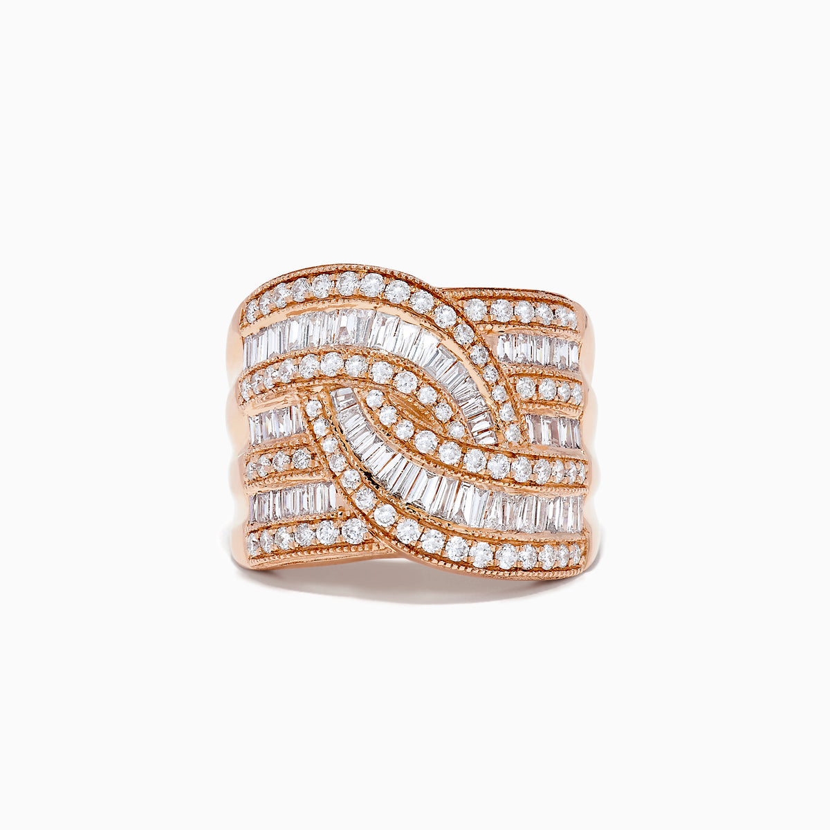 The 14K Rose Gold Diamond Crossover Ring features wavy rows of baguette and round diamonds in a woven, overlapping design that sparkles elegantly on a white background.
