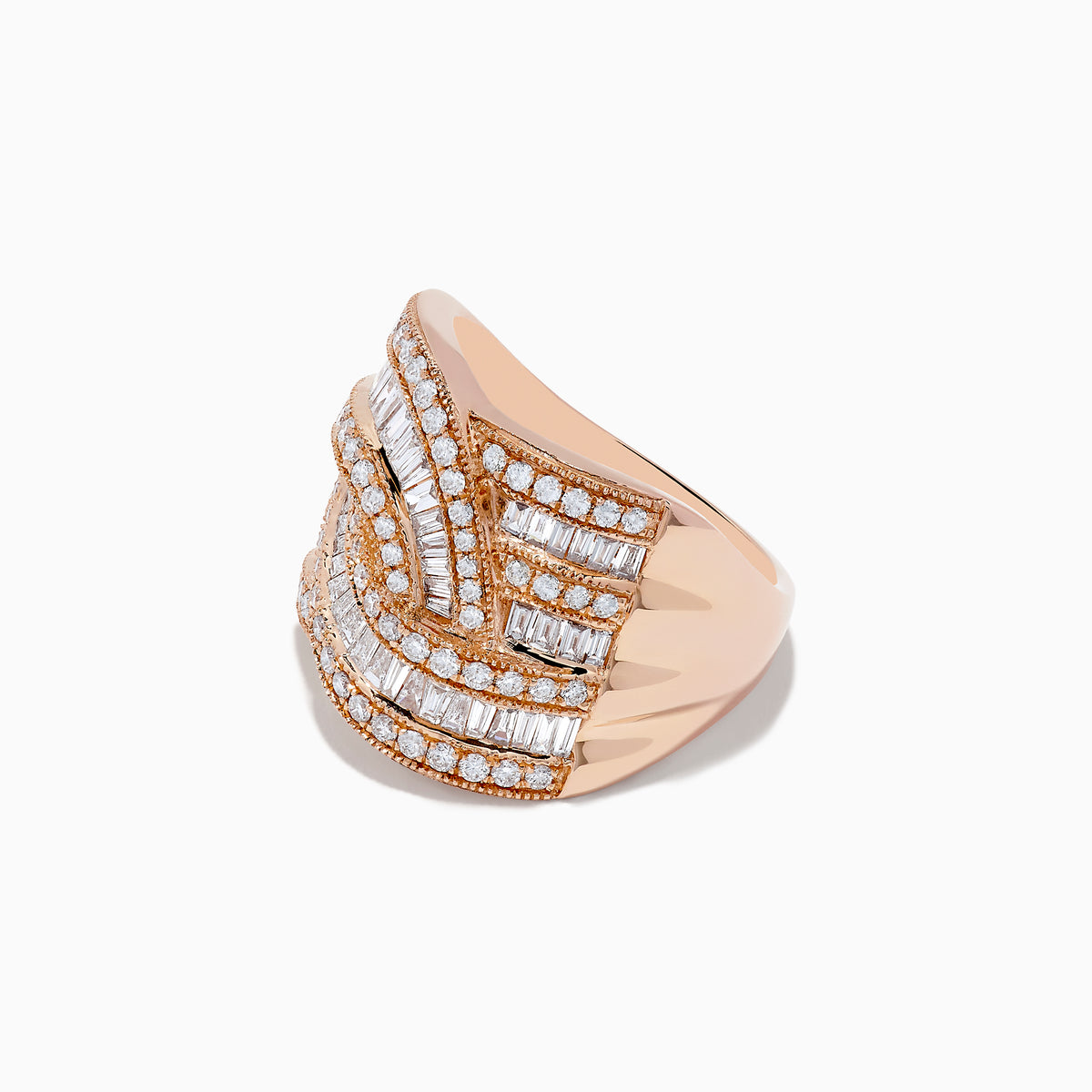 The 14K Rose Gold Diamond Crossover Ring features wavy rows of baguette and round diamonds in a woven, overlapping design that sparkles elegantly on a white background.
