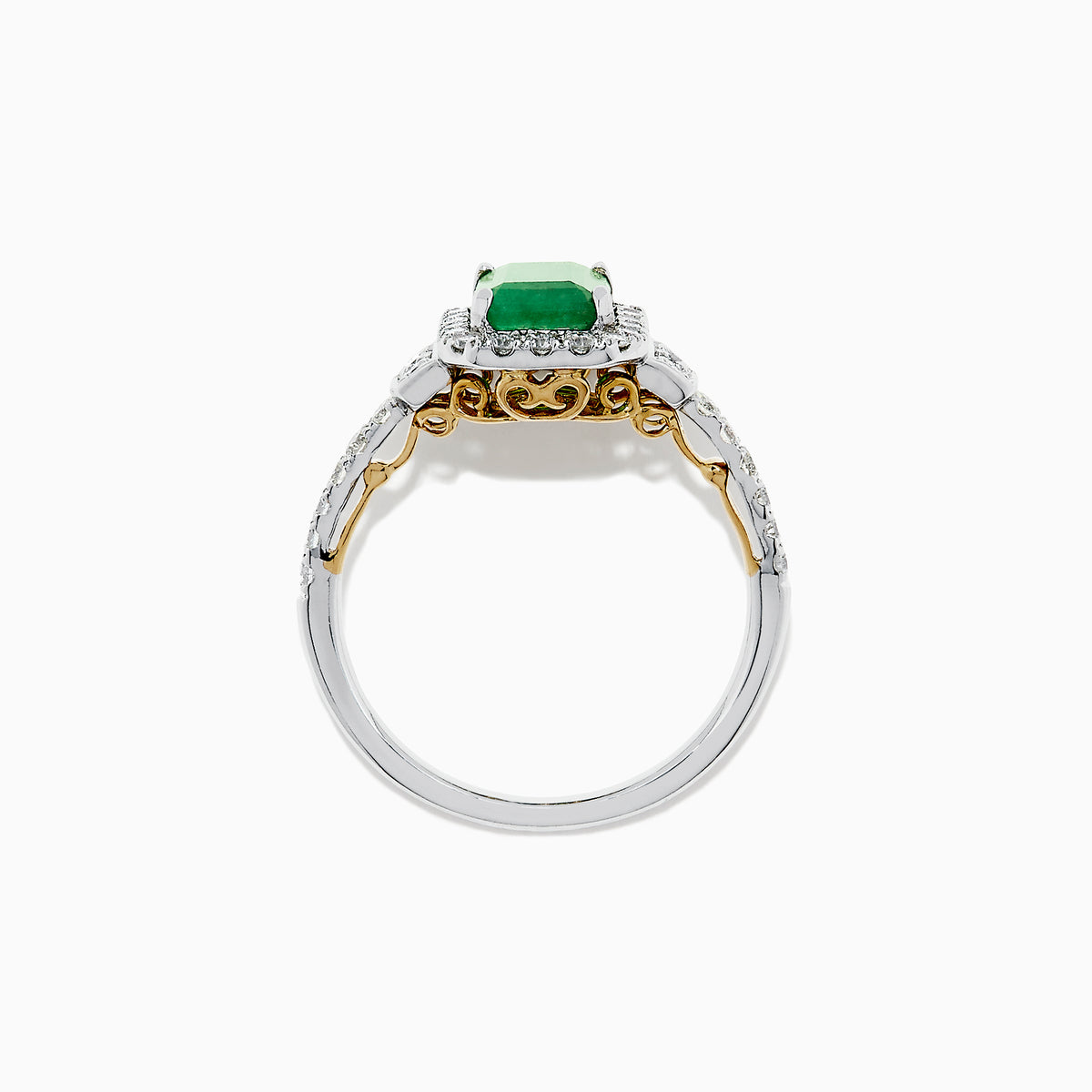 The Brasilica 14K Two Tone Gold Emerald and Diamond Ring, 1.90 TCW, features a striking rectangular emerald center, encircled by round diamonds and further accented with diamonds along the gold band.