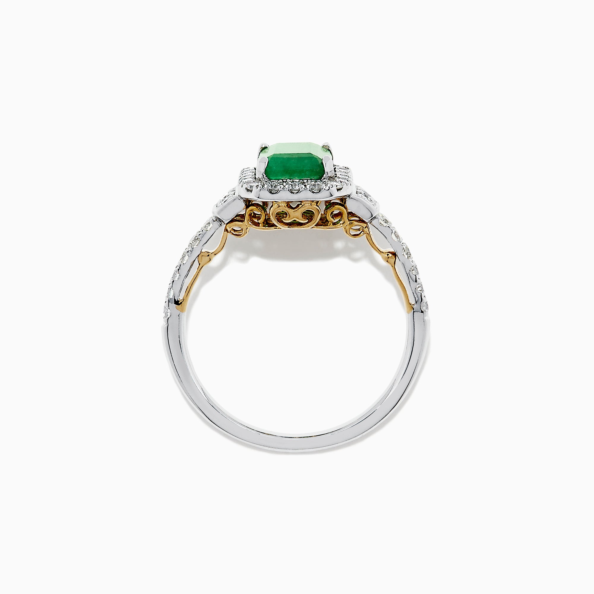 The Brasilica 14K Two Tone Gold Emerald and Diamond Ring, 1.90 TCW, features a striking rectangular emerald center, encircled by round diamonds and further accented with diamonds along the gold band.