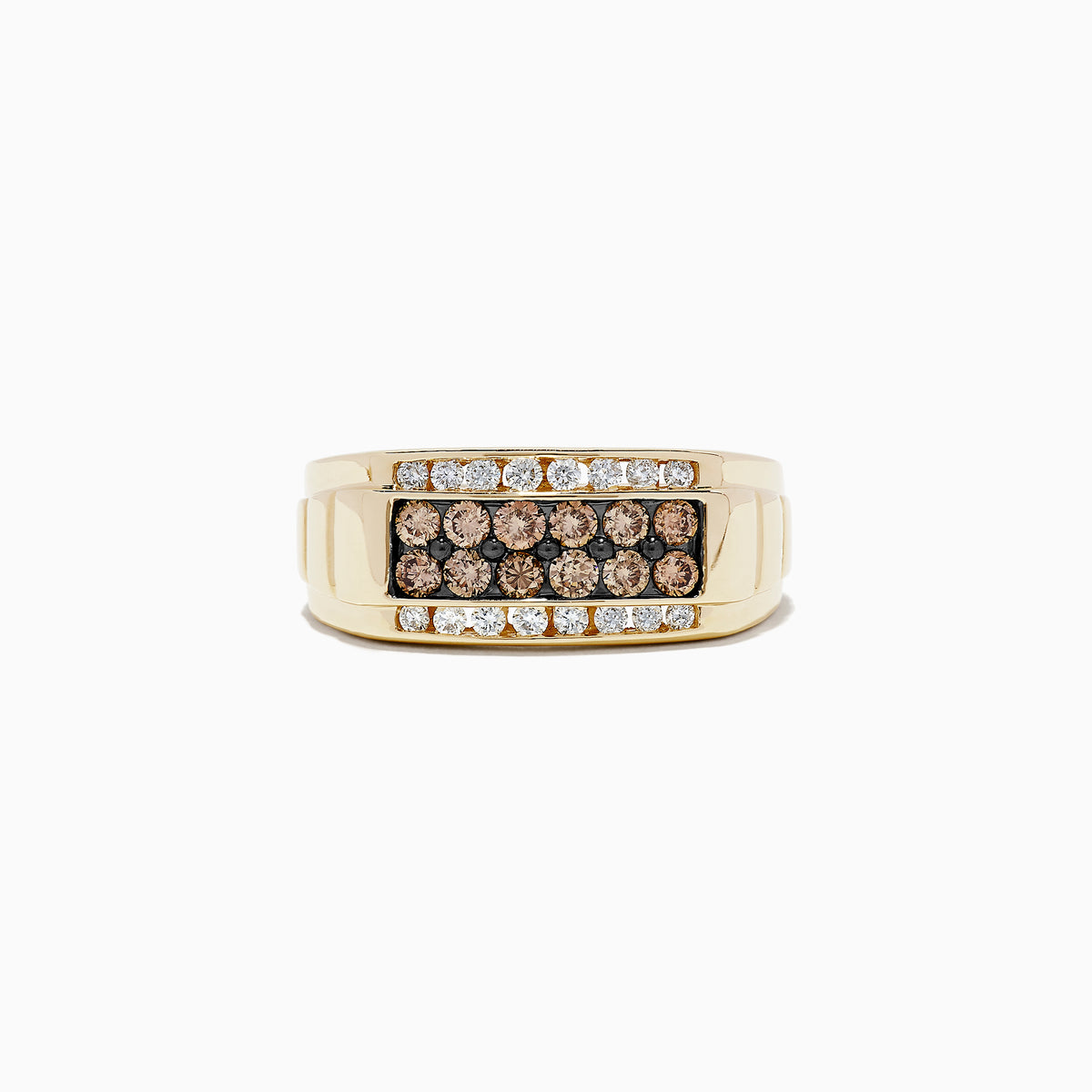 Mens 14K Yellow Gold Espresso and White Diamond Ring, 0.96 TCW, featuring two rows of white gemstones and two rows of espresso and white diamonds at the center, shown on a white background.