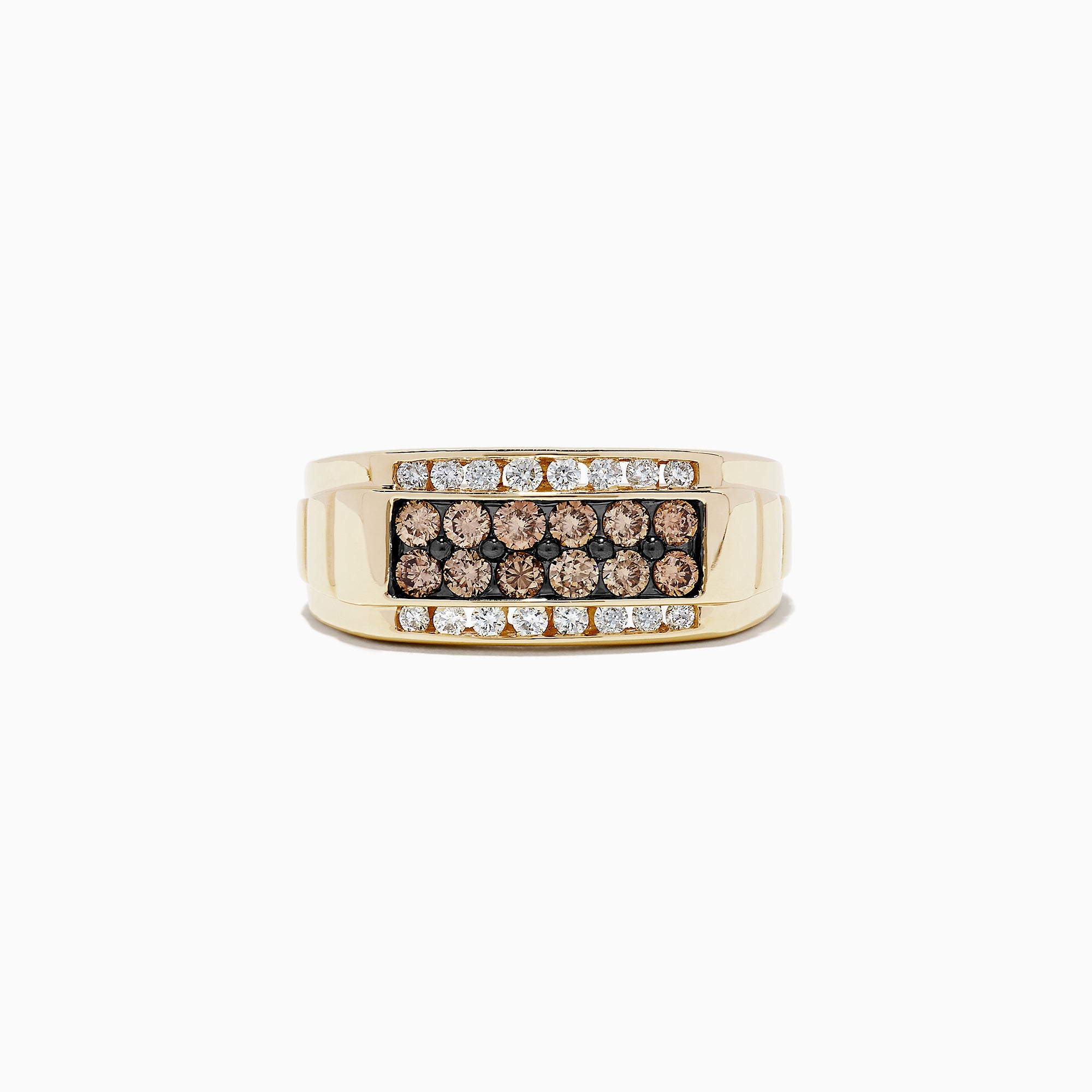 Mens 14K Yellow Gold Espresso and White Diamond Ring, 0.96 TCW, featuring two rows of white gemstones and two rows of espresso and white diamonds at the center, shown on a white background.