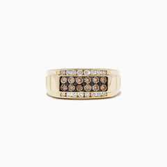Mens 14K Yellow Gold Espresso and White Diamond Ring, 0.96 TCW, featuring two rows of white gemstones and two rows of espresso and white diamonds at the center, shown on a white background.