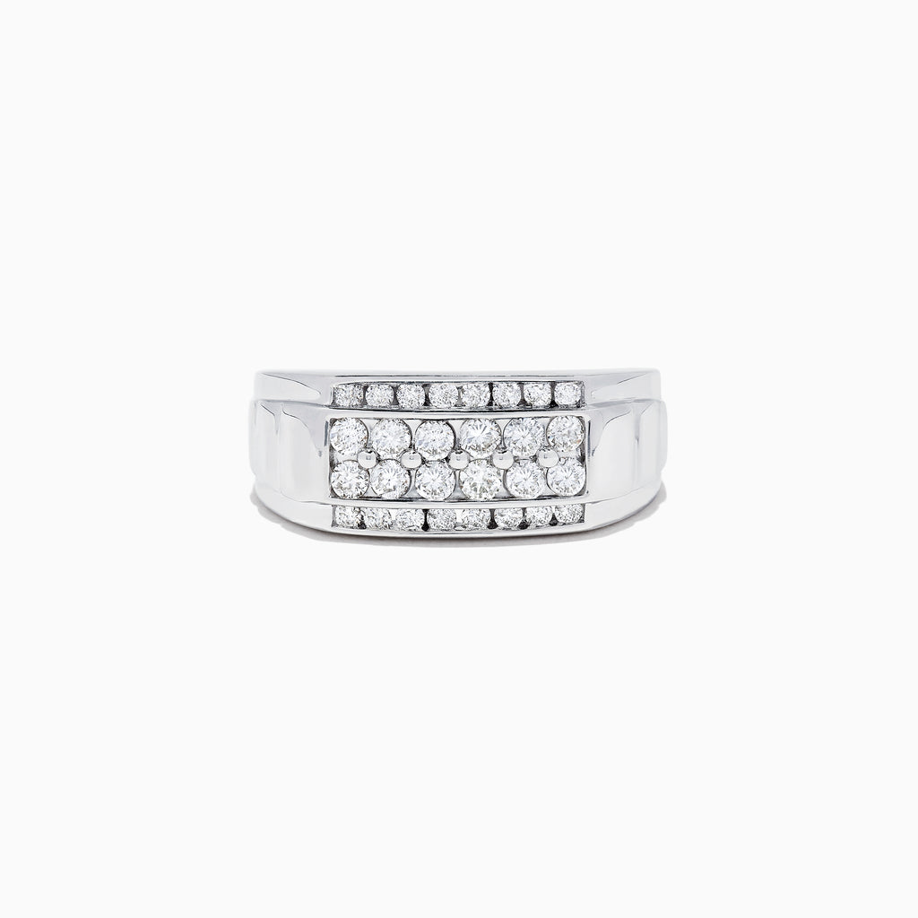 This Mens 14K White Gold Diamond Ring features a bold rectangular setting with rows of round-cut diamonds, totaling 0.96 carats, for an elegant and striking look.