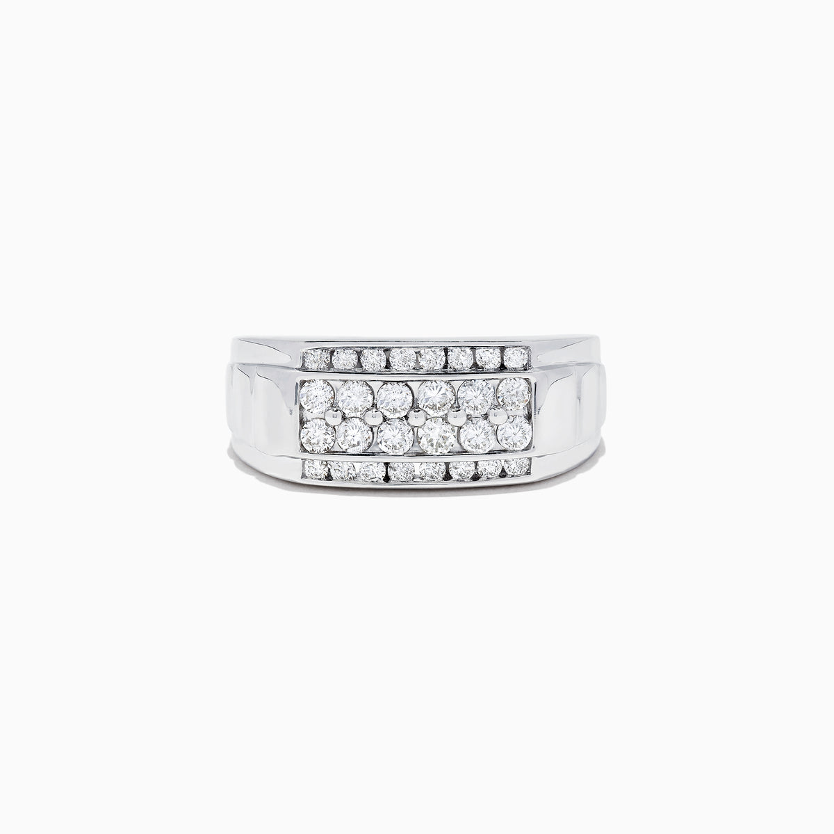 This Mens 14K White Gold Diamond Ring features a bold rectangular setting with rows of round-cut diamonds, totaling 0.96 carats, for an elegant and striking look.