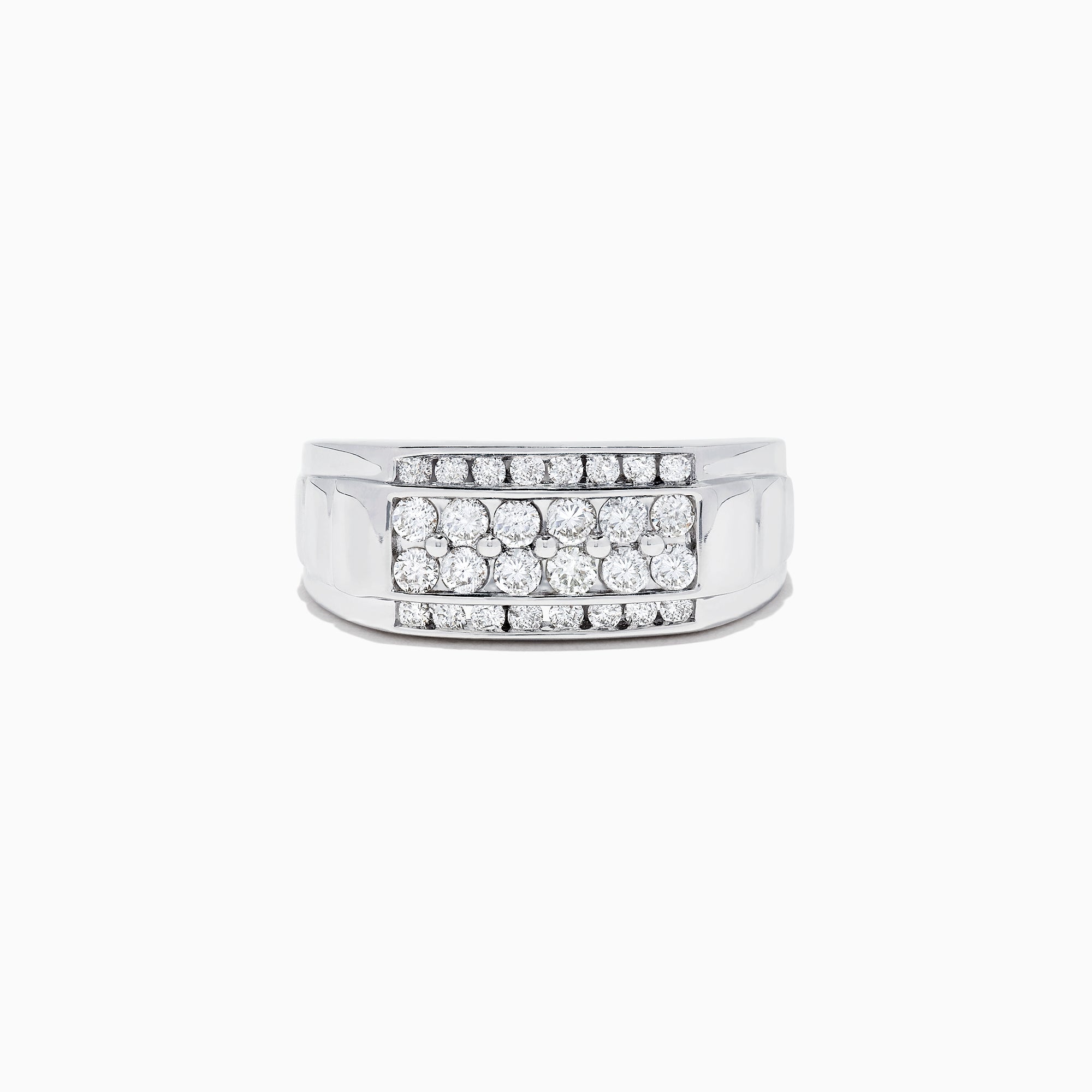 This Mens 14K White Gold Diamond Ring features a bold rectangular setting with rows of round-cut diamonds, totaling 0.96 carats, for an elegant and striking look.