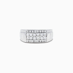 This Mens 14K White Gold Diamond Ring features a bold rectangular setting with rows of round-cut diamonds, totaling 0.96 carats, for an elegant and striking look.