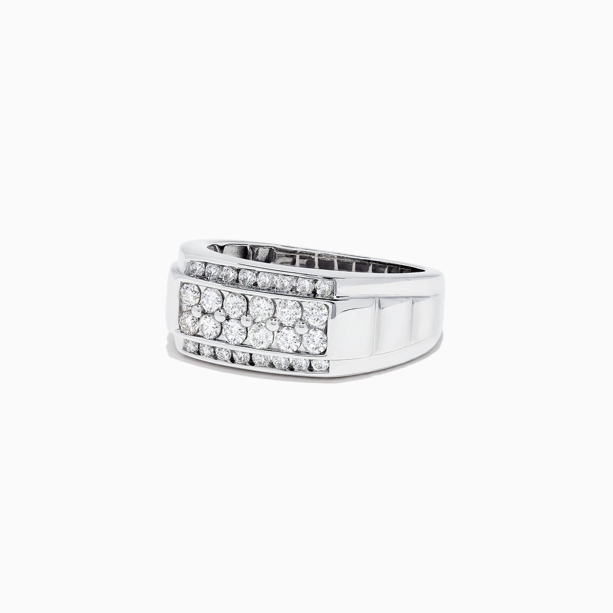 This Mens 14K White Gold Diamond Ring features a bold rectangular setting with rows of round-cut diamonds, totaling 0.96 carats, for an elegant and striking look.