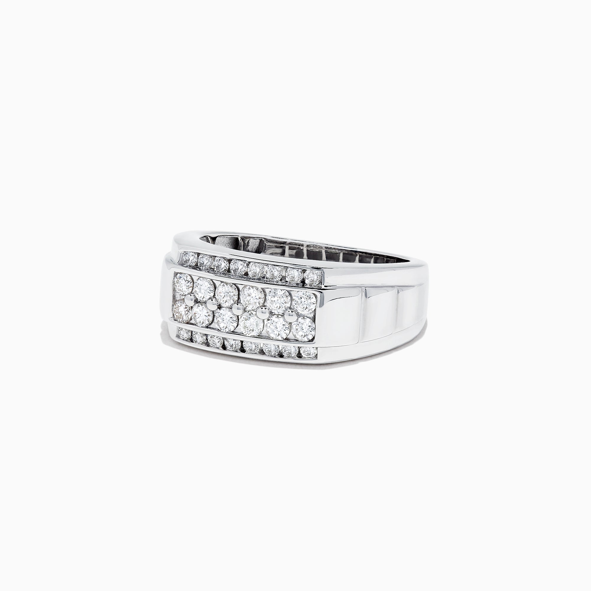 This Mens 14K White Gold Diamond Ring features a bold rectangular setting with rows of round-cut diamonds, totaling 0.96 carats, for an elegant and striking look.