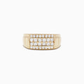 This Mens 14K Yellow Gold Diamond Ring features a wide band with two horizontal diamond rows (0.96 TCW), showcasing a geometric design and polished finish for striking elegance.
