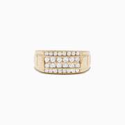 This Mens 14K Yellow Gold Diamond Ring features a wide band with two horizontal diamond rows (0.96 TCW), showcasing a geometric design and polished finish for striking elegance.