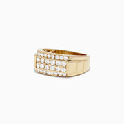 This Mens 14K Yellow Gold Diamond Ring features a wide band with two horizontal diamond rows (0.96 TCW), showcasing a geometric design and polished finish for striking elegance.