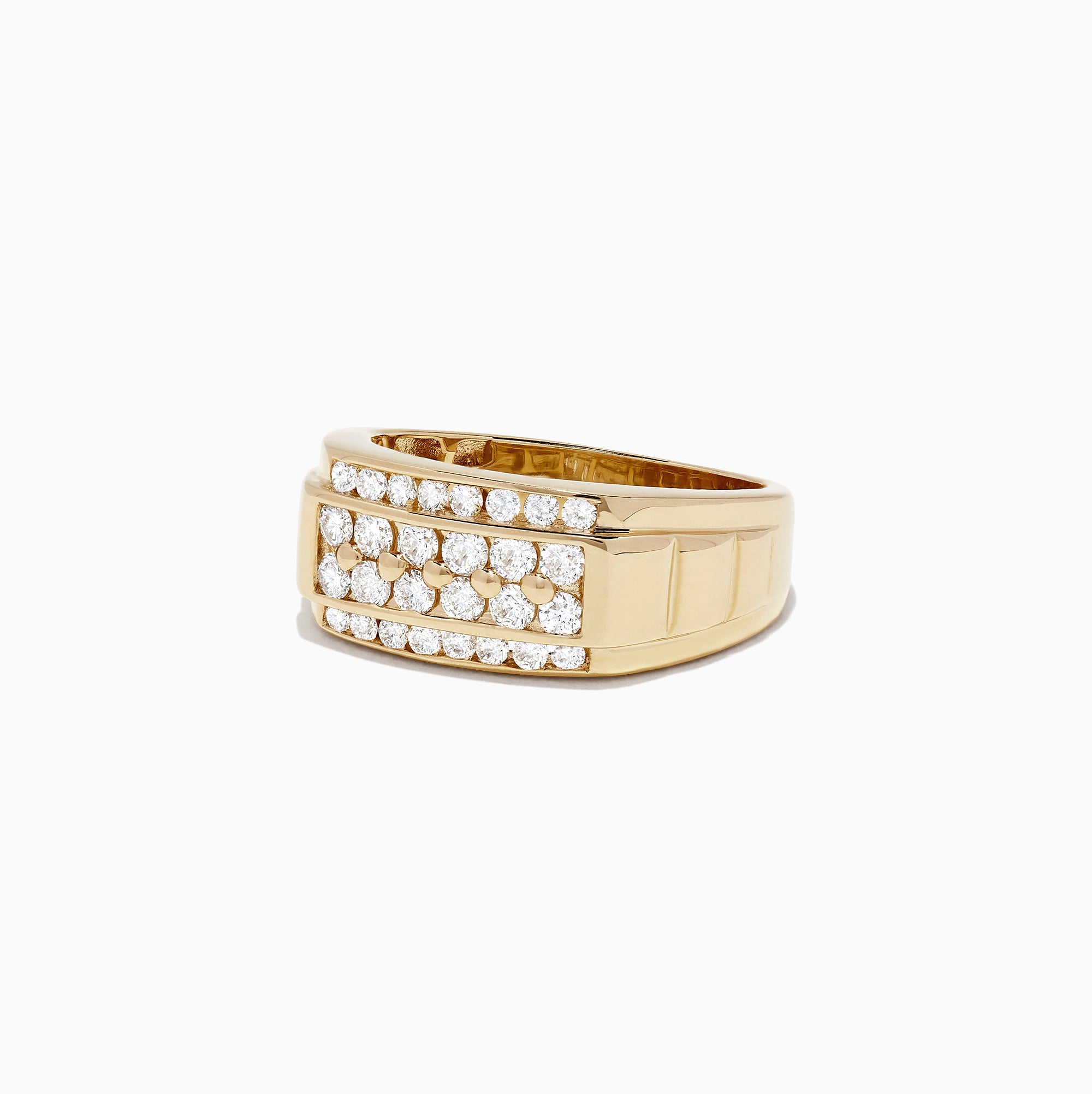This Mens 14K Yellow Gold Diamond Ring features a wide band with two horizontal diamond rows (0.96 TCW), showcasing a geometric design and polished finish for striking elegance.